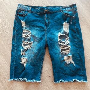 Torrid; Distressed Dark Wash, stretch Denim Bermuda Shorts 16
